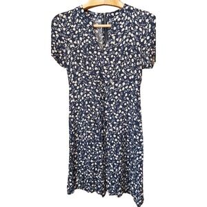 Xhilaration Floral Print Dress Navy Blue White Short‎ Sleeve V-Neck Medium #103C